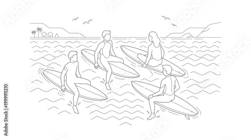 Line art illustration of four people on surfboards in the ocean, enjoying a leisure activity with a coastal landscape in the background.