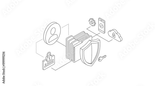 Isometric line art illustration of data security, digital privacy, and information protection with user access and cloud storage.