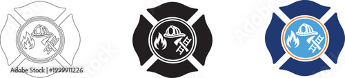 Fire service emblem icon collection .Firefighter, emergency, safety and hazard sign representing protection, rescue, and fire service emblem.  Fire department badge icon.Emergency fire badge icon pack