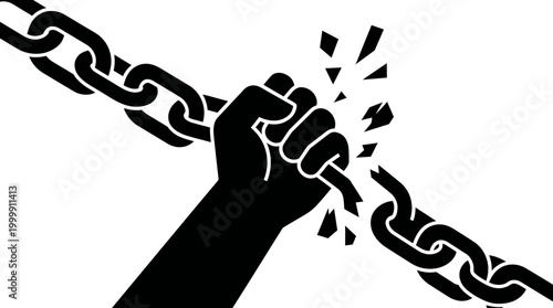 A powerful black silhouette of a clenched fist breaking a heavy metal chain, symbolizing freedom, liberation, and overcoming oppression.