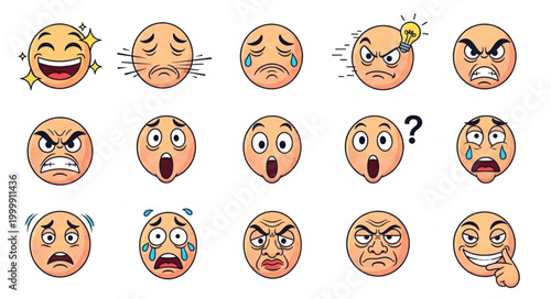 Collection of expressive emoji faces showing various emotions and reactions.