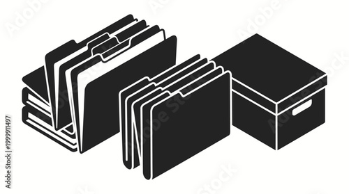 Isometric black and white illustration of file folders and an archive box, representing document organization and storage.