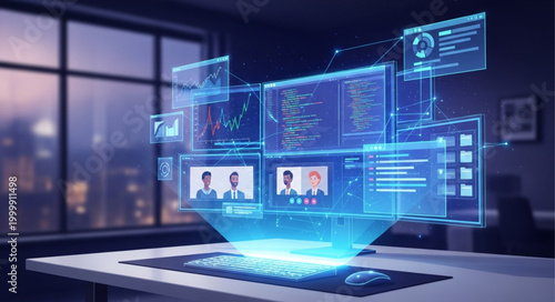 Futuristic Holographic Display Showing Video Conference and Data.