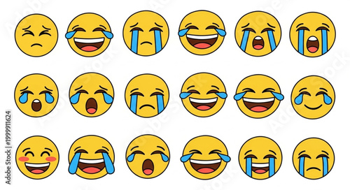 Collection of expressive yellow emoji faces showing various emotions like laughter and sadness.