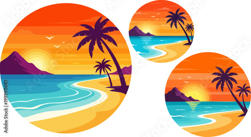 Tropical beach sunset vector illustrations, summer paradise island landscape with palm trees and ocean, vibrant orange and purple sunset circle icons