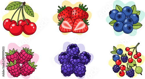 Fresh berry fruit vector collection, hand drawn summer berries set with strawberries and blueberries, colorful organic food icons for menu design