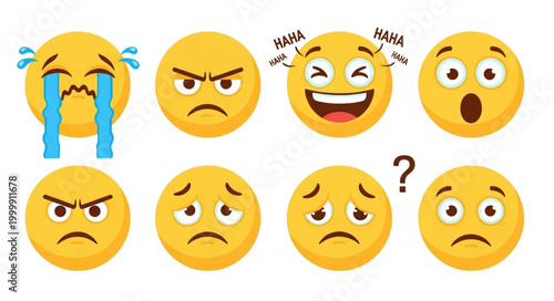 Collection of expressive yellow emoji faces showing various emotions.