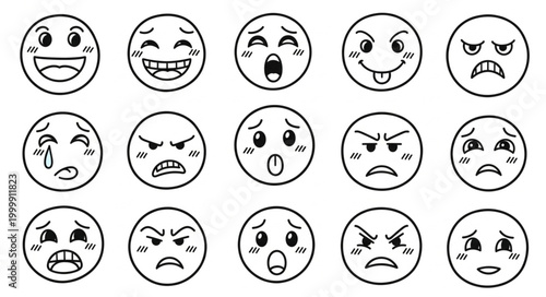 Collection of Hand Drawn Emoji Faces Expressing Various Emotions.