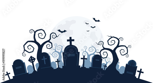 Spooky Halloween Cemetery Silhouette with Full Moon and Bats