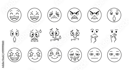 Collection of Hand Drawn Emoji Faces Expressing Various Emotions.
