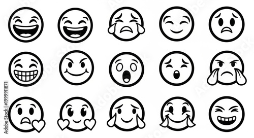 Collection of Hand Drawn Emoji Faces Expressing Various Emotions.