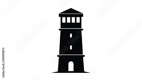 A stark black lighthouse stands prominently against a white background silhouette