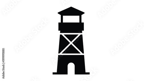 A stark black watchtower stands isolated against a white background silhouette