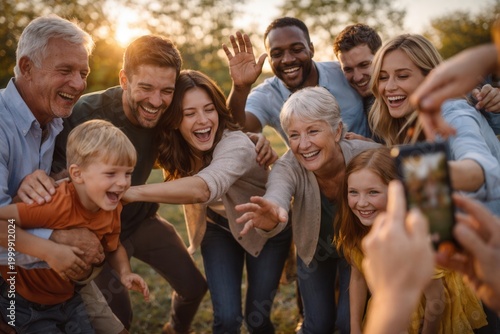  Multi-generational family reunion outdoors as everyone organizes for a group photo, playful authentic energy, warm afternoon light