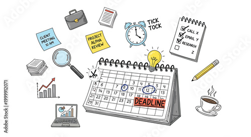 Business planning calendar, office organization icons, productivity tools, desk accessories