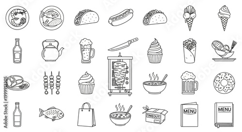 Food Line Art Icon Set for Restaurant Menus and Culinary Projects