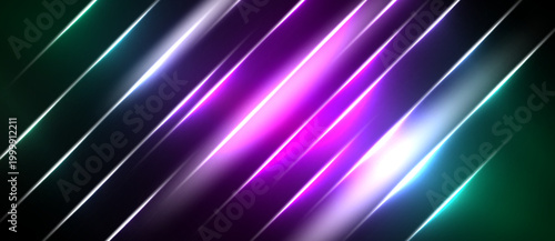 Abstract diagonal lines create vibrant light streaks. Colors shift from teal to magenta, radiating energy. Dark background emphasizes luminosity.