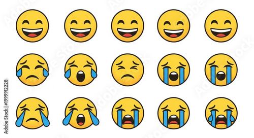 Collection of happy and sad emoji faces expressing emotions.