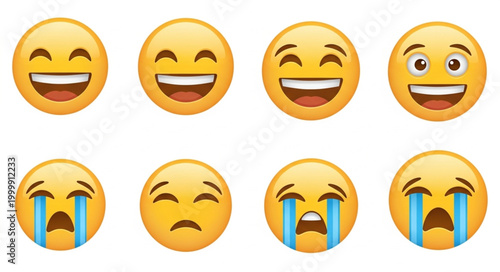 Collection of happy and sad emoji faces on white background.