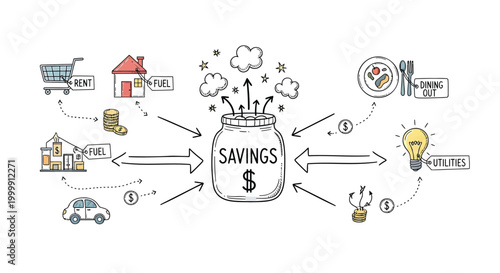 Savings, finance, and investment icons, money bag with arrows, financial planning vector
