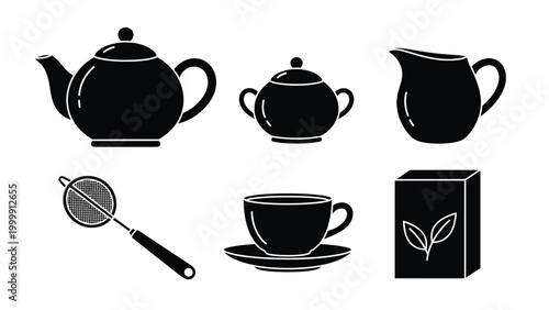 Tea Icons Set. Black silhouettes of teapot, teacup, sugar bowl, creamer, tea infuser, and tea package on white background.