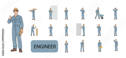 Versatile male construction worker illustrations showcasing diverse actions and poses, perfect for an industrial themed pattern background