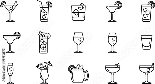 Cocktail icons, drink symbols, bar illustrations, 20 glassware line art