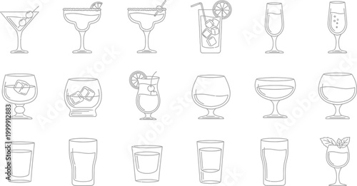 Cocktail icons, drink symbols, bar illustrations, 20 outline drawings