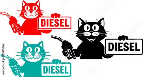 Funny cat diesel fuel stickers, cartoon feline holding gas pump nozzle and diesel sign, colorful automotive fuel tank decals set