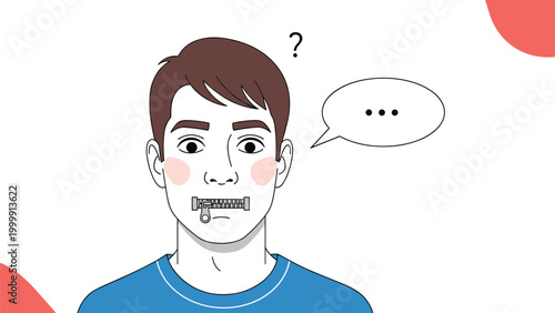 Man with a silver zipper over his closed mouth looking surprised with a question mark and speech bubble above.