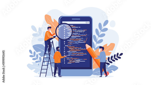 Team of developers analyzing and editing programming code on a giant smartphone screen with tools and greenery.