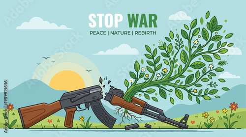 Peaceful Protest Illustration with Rifle and Tree.