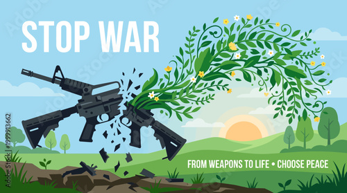 Peaceful Protest Against War with Green Tree and Gun.