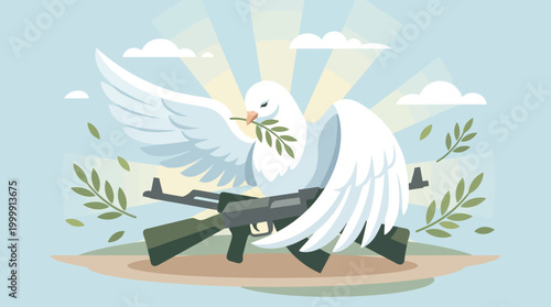 Peaceful Dove with Olive Branch and Gun Symbolism.