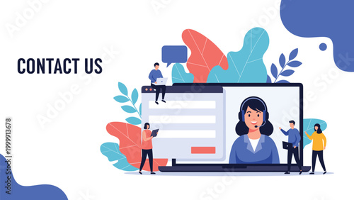 Colorful contact us banner featuring several diverse characters and a customer support agent on a large screen.