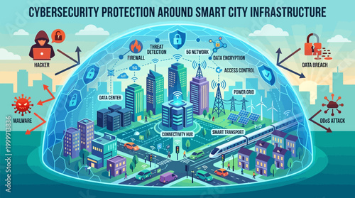 Cybersecurity Protection Around Smart City Infrastructure Illustration.