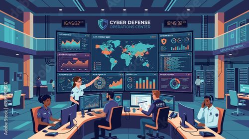 Cyber Defense Command Center with Multiple Monitors.