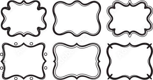 Set of six ornate frames with vintage-inspired designs and unique shapes, perfect for labels and text boxes vector illustration.