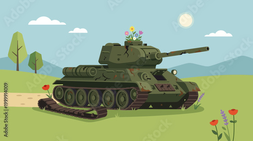 Military Tank in Green Field with Trees and Sky.
