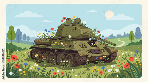 Military Tank in a Field with Flowers and Trees.