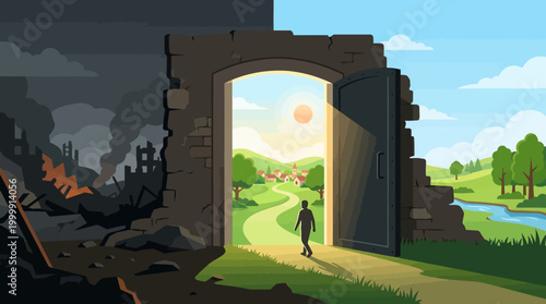 Person Walking Through Ruined Archway in Nature Scene.
