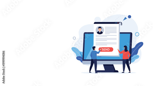Job seekers sending a professional resume through an online recruitment platform using a large computer monitor.
