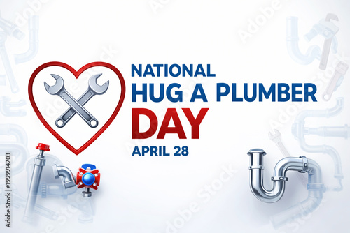 Plumbing illustration featuring a heart emblem with crossed wrenches above pipes and a faucet, representing National Hug a Plumber Day.