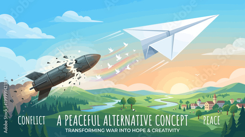 Paper Airplane Flying Over Green Landscape Under Blue Sky.