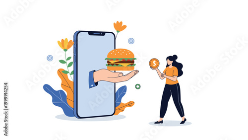 Young woman using a mobile app to order a delicious hamburger which is served directly from the smartphone screen.