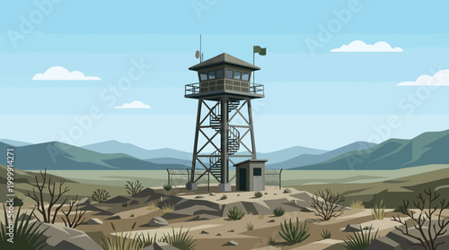 Watchtower Tower Structure in Desert Landscape.