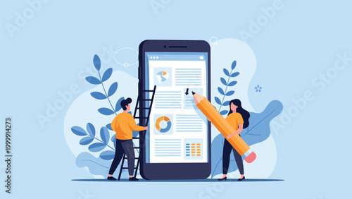 Team of content creators using tools like a giant pencil and ladder to edit information on a large mobile screen.