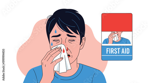 Man experiencing a nosebleed and using a tissue while a first aid instruction card is shown in the background.
