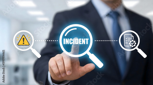 Businessman touching an interface to highlight incident detection investigation and problem solving