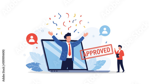 Happy businessman celebrating an approved application notification on a laptop screen with colorful confetti.